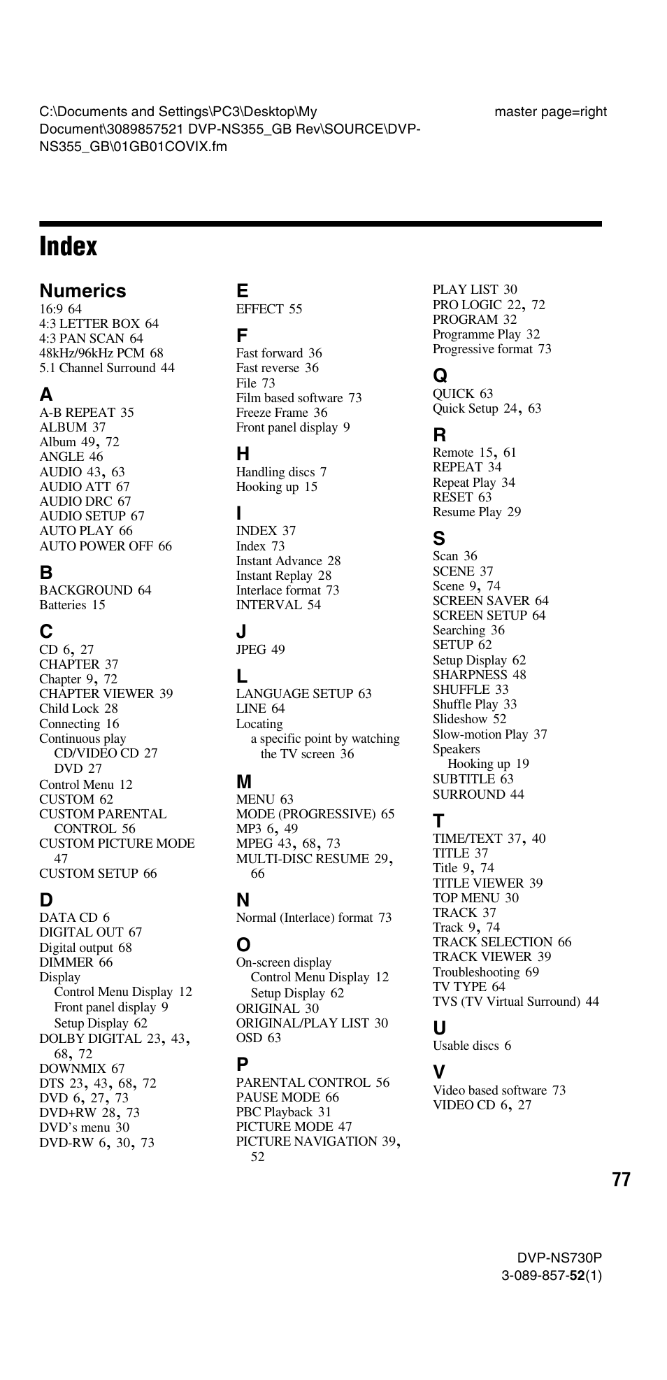 Index, Numerics | Sony DVP-NS585P User Manual | Page 77 / 78