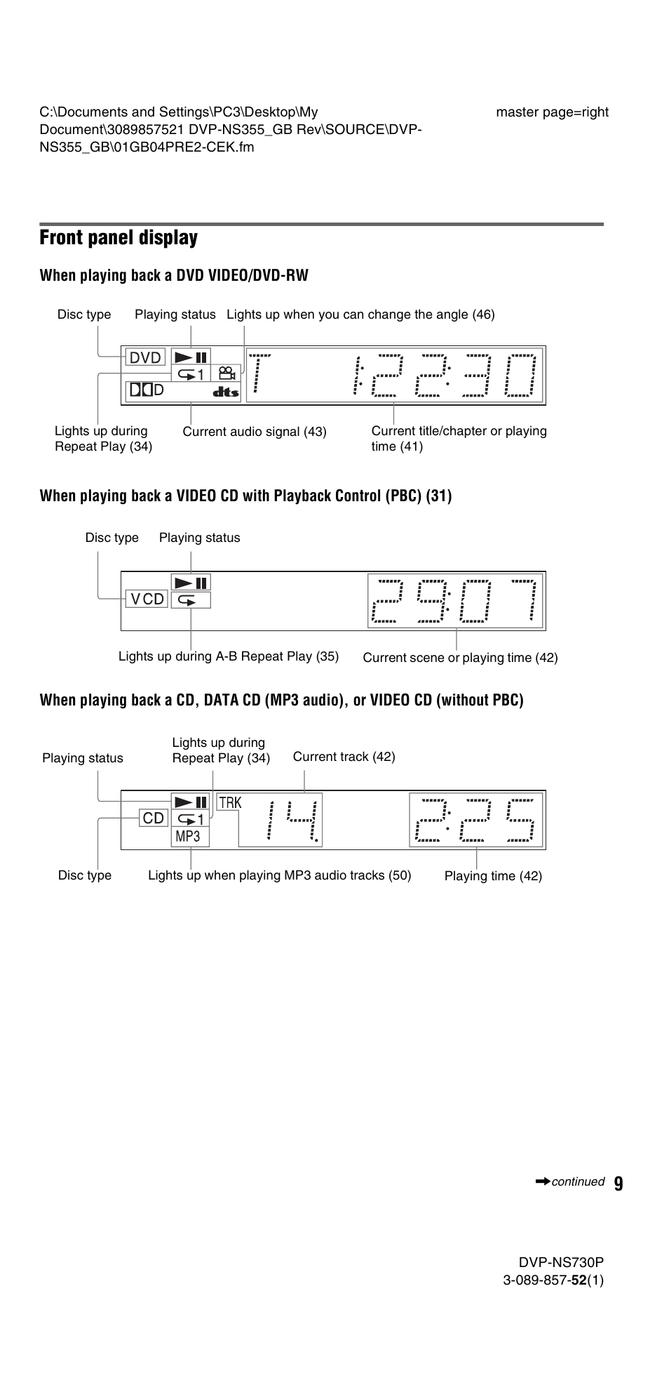 Front panel display | Sony DVP-NS585P User Manual | Page 9 / 78