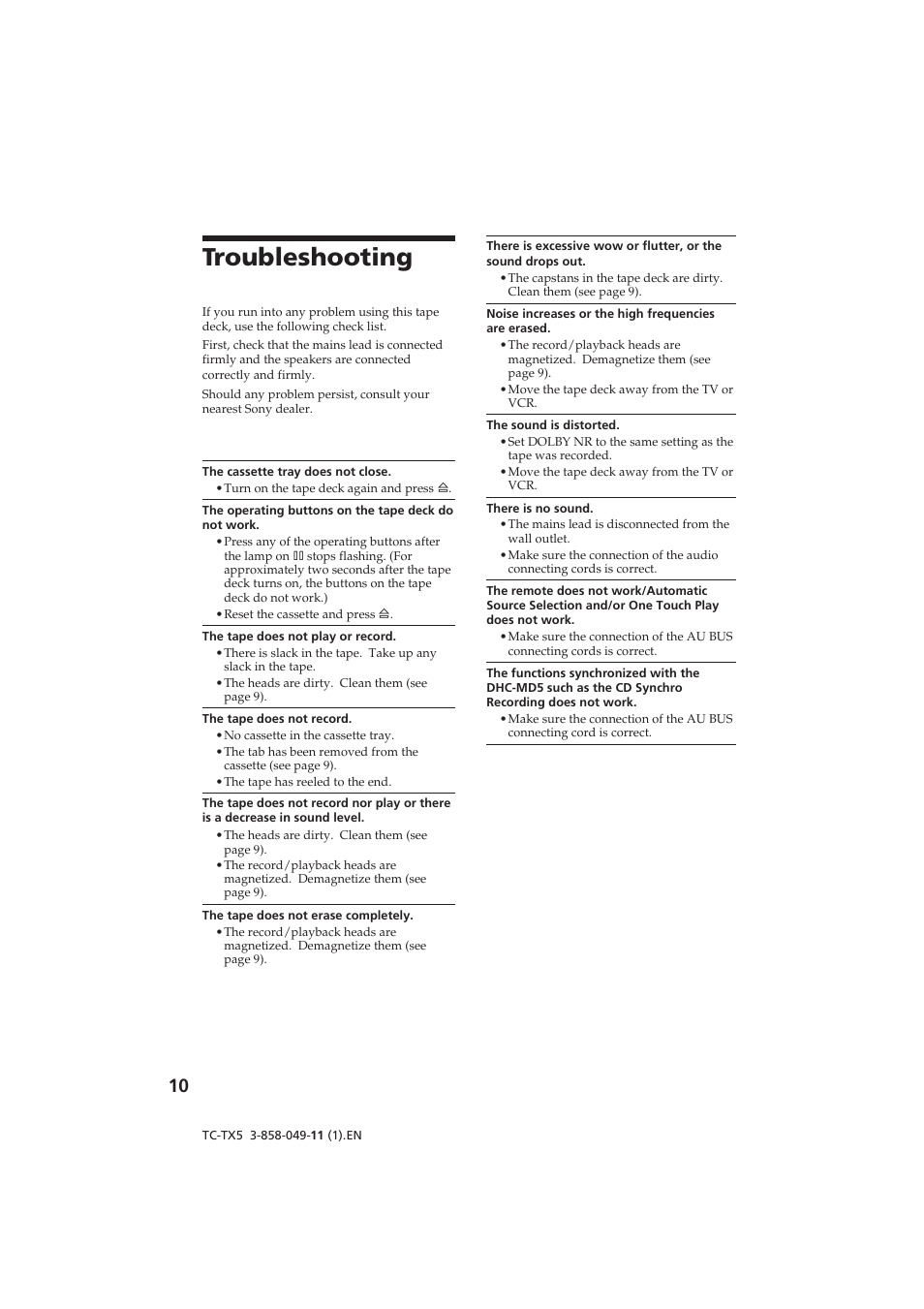 Troubleshooting | Sony TC-TX5 User Manual | Page 10 / 12
