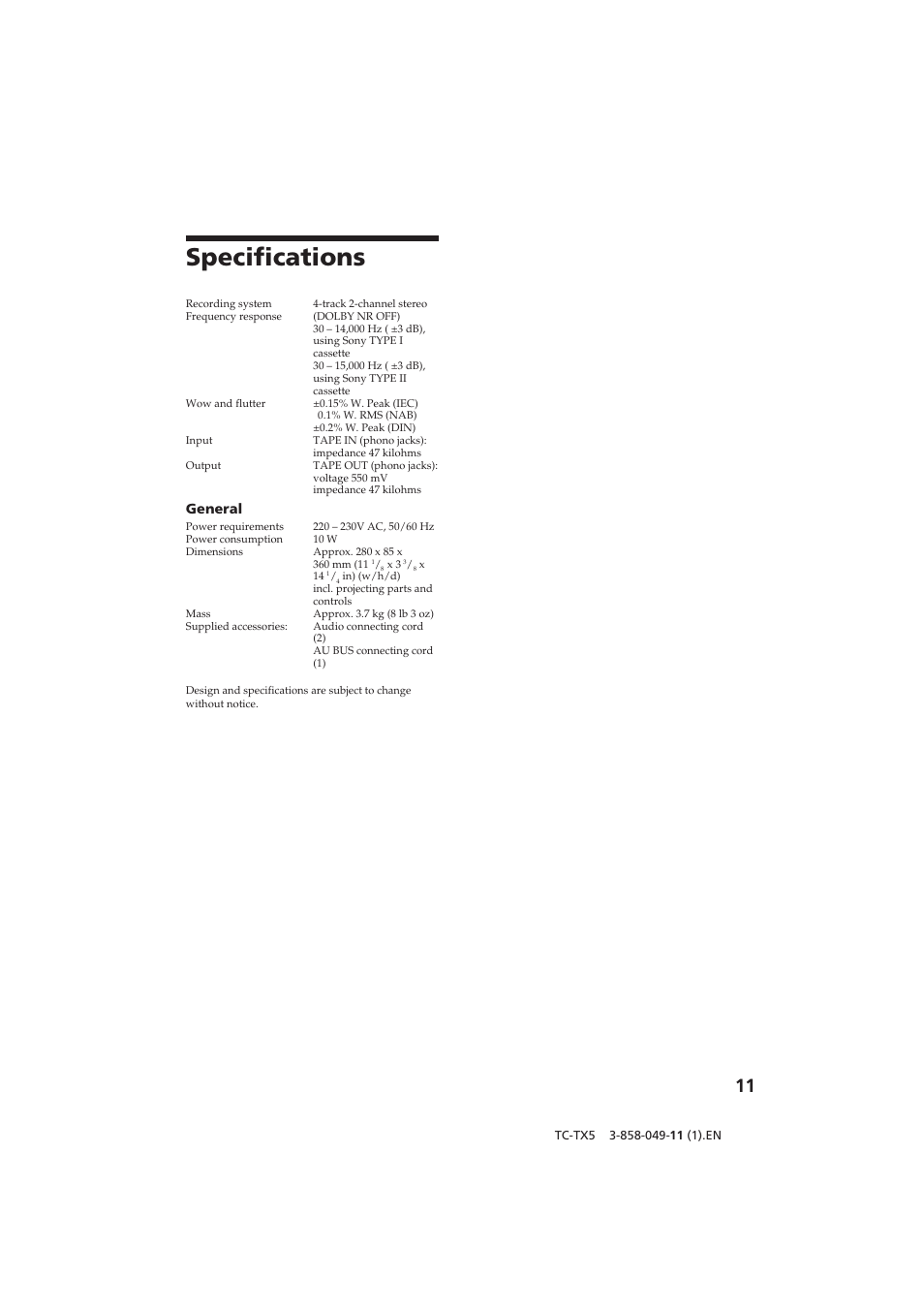Specifications | Sony TC-TX5 User Manual | Page 11 / 12