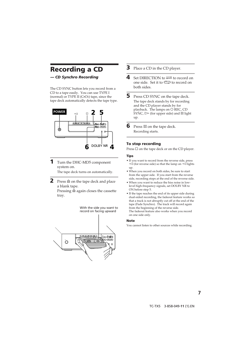 Recording a cd | Sony TC-TX5 User Manual | Page 7 / 12