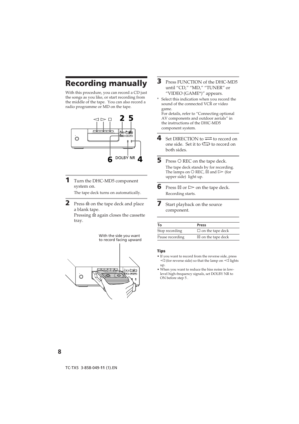 Recording manually | Sony TC-TX5 User Manual | Page 8 / 12
