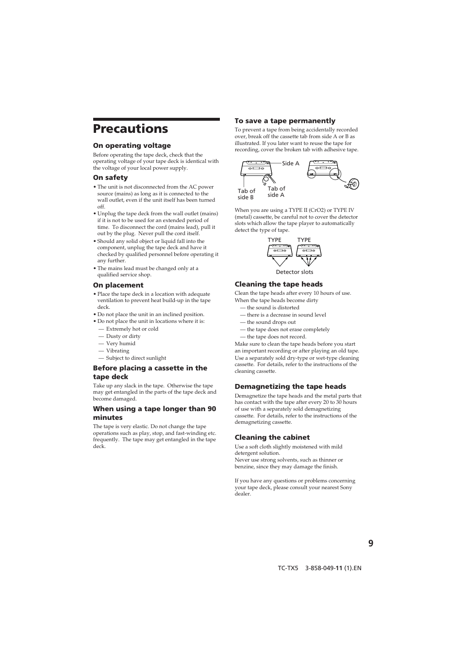 Precautions | Sony TC-TX5 User Manual | Page 9 / 12