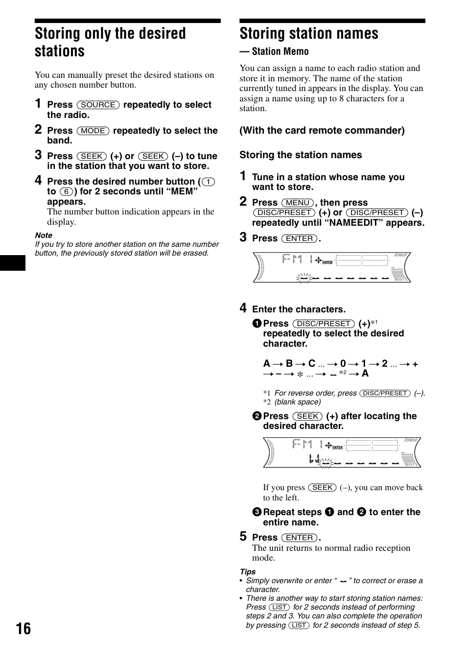 Storing only the desired stations, Storing station names, Station memo | 16 storing only the desired stations | Sony CDX-F5700 User Manual | Page 16 / 92