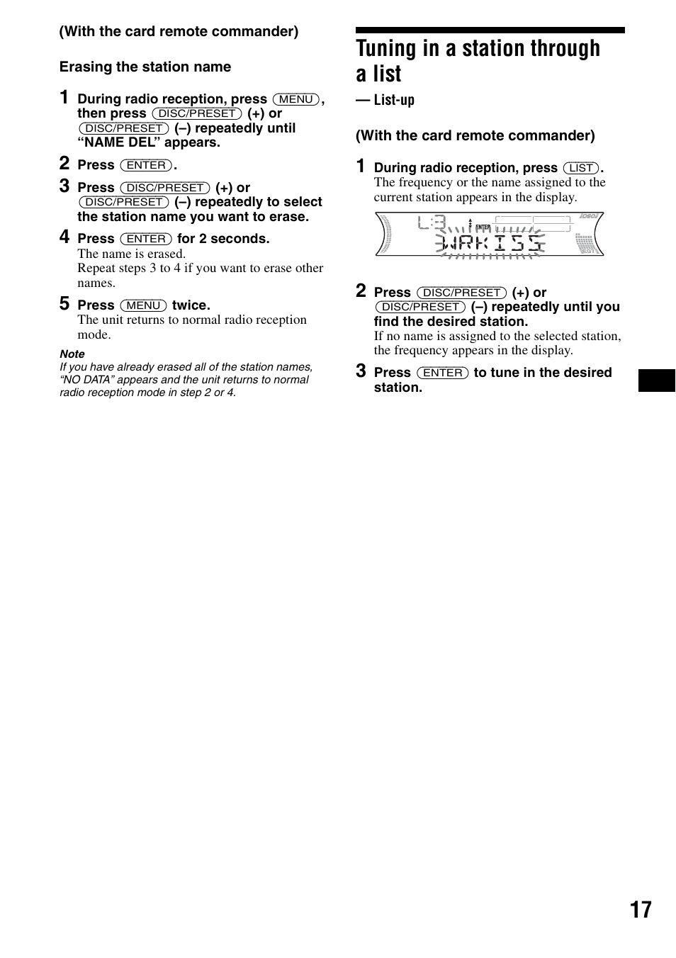 Tuning in a station through alist, List-up, Tuning in a station through a list | Sony CDX-F5700 User Manual | Page 17 / 92
