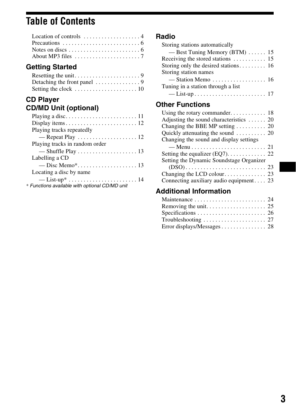 3table of contents | Sony CDX-F5700 User Manual | Page 3 / 92