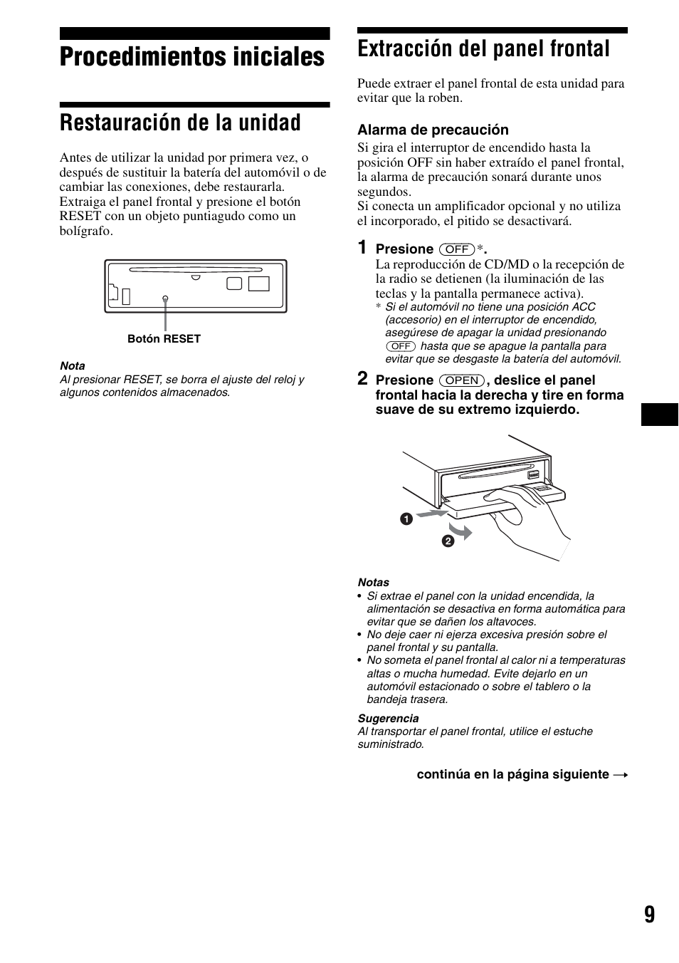 Procedimientos iniciales, Restauración de la unidad, Extracción del panel frontal | Sony CDX-F5700 User Manual | Page 37 / 92