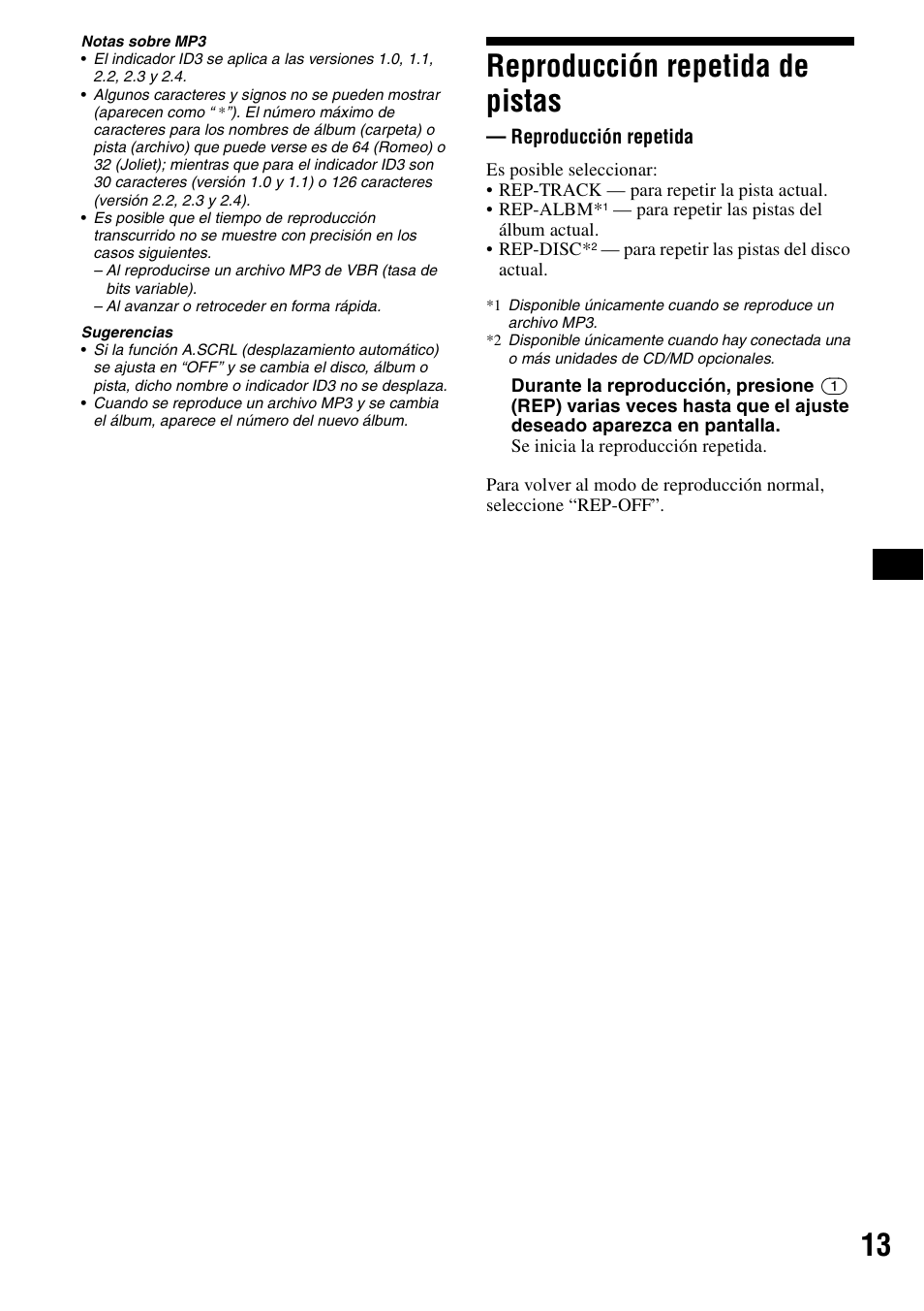 Reproducción repetida de pistas, Reproducción repetida | Sony CDX-F5700 User Manual | Page 41 / 92
