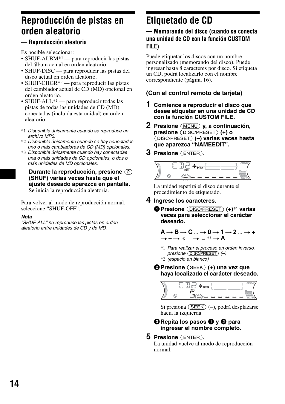 Reproducción de pistas en orden aleatorio, Reproducción aleatoria, Etiquetado de cd | Memorando del disco, Shuf 14, 14 reproducción de pistas en orden aleatorio | Sony CDX-F5700 User Manual | Page 42 / 92