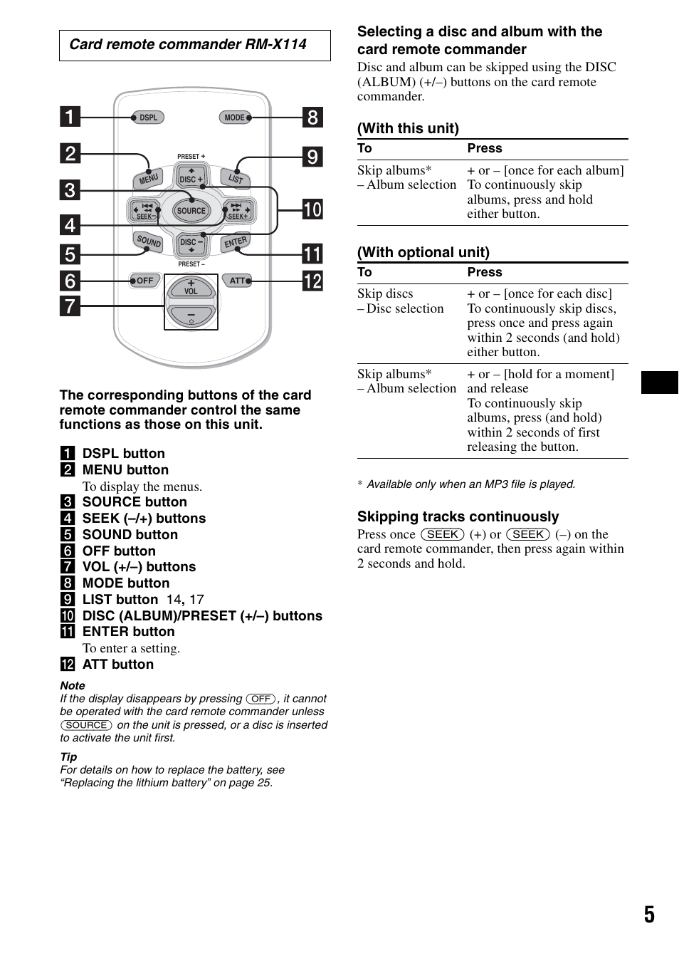 With this unit) (with optional unit), Skipping tracks continuously, Card remote commander rm-x114 | Sony CDX-F5700 User Manual | Page 5 / 92