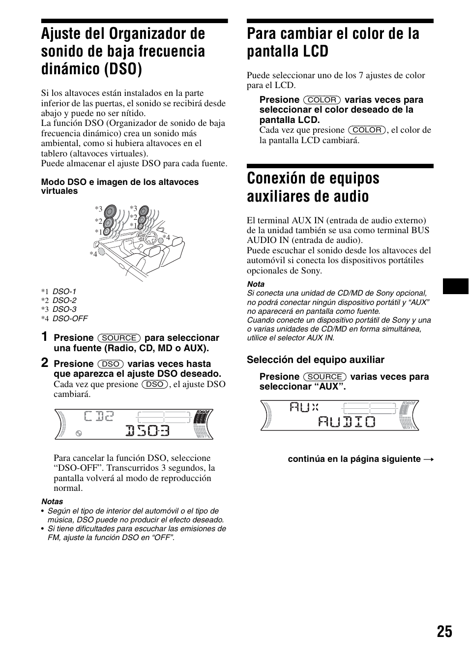 Para cambiar el color de la pantalla lcd, Conexión de equipos auxiliares de audio, Ajuste del organizador de sonido de baja | Frecuencia dinámico (dso), Para cambiar el color de la pantalla, Conexión de equipos auxiliares de, Audio, Botón dso 25 | Sony CDX-F5700 User Manual | Page 53 / 92