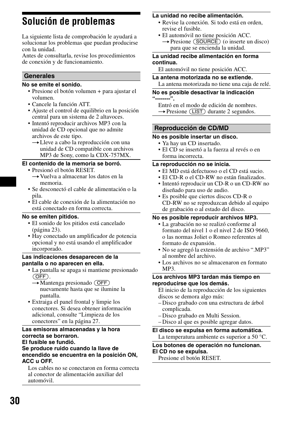 Solución de problemas, 30 solución de problemas | Sony CDX-F5700 User Manual | Page 58 / 92