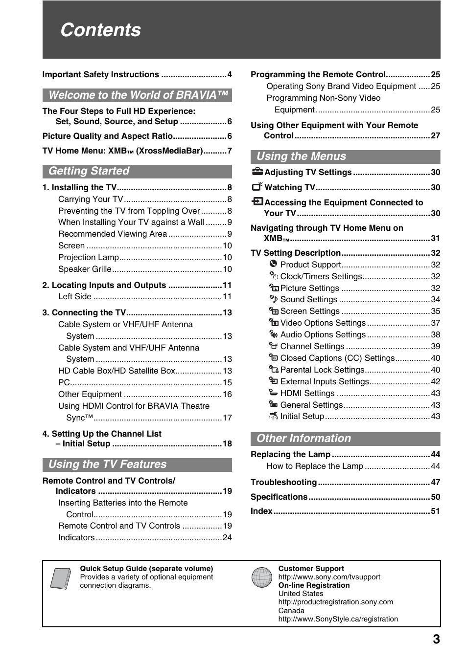 Sony Bravia KDS-50A3000 User Manual | Page 3 / 51
