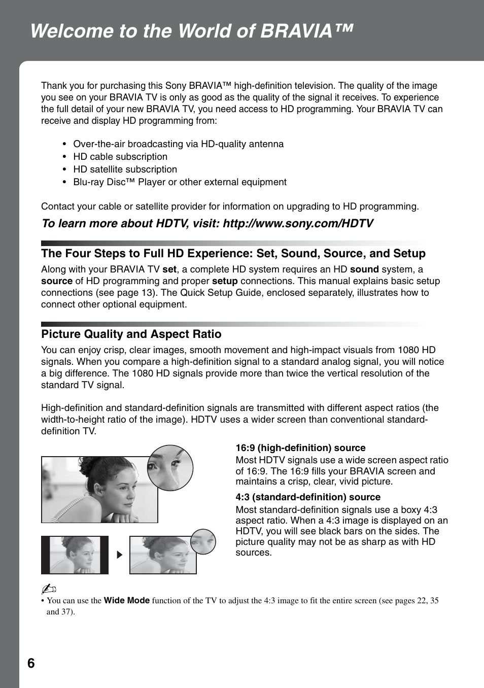 Welcome to the world of bravia, Picture quality and aspect ratio, The four steps to full hd experience | Set, sound, source, and setup | Sony Bravia KDS-50A3000 User Manual | Page 6 / 51