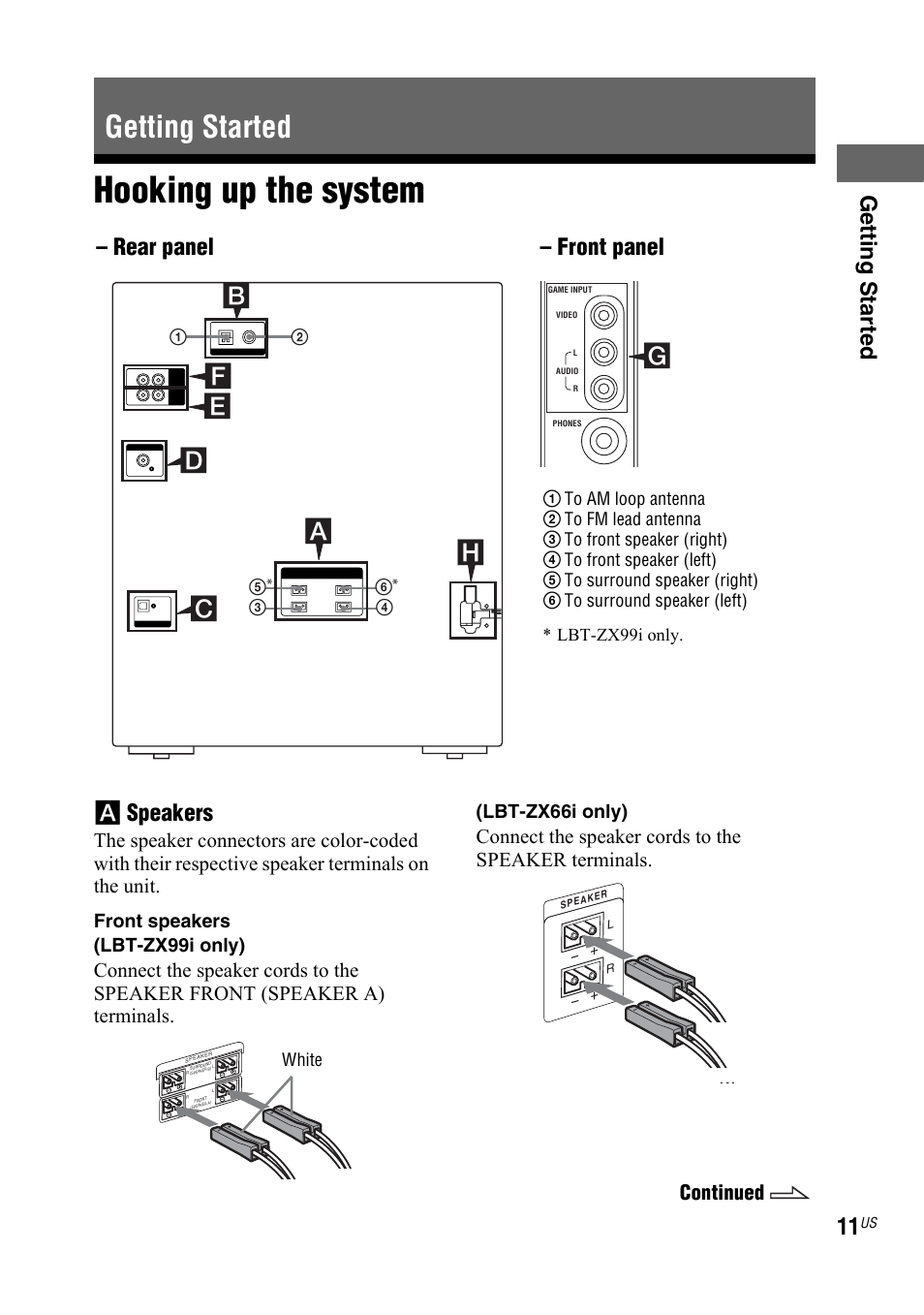 Getting started, Hooking up the system, Getting star ted | A speakers, Front panel – rear panel, Connect the speaker cords to the speaker terminals, Continued | Sony Muteki LBT-ZX99I User Manual | Page 11 / 44