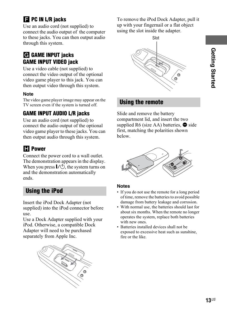 Using the ipod using the remote, Getting star ted f pc in l/r jacks, G game input jacks game input video jack | Game input audio l/r jacks, H power | Sony Muteki LBT-ZX99I User Manual | Page 13 / 44