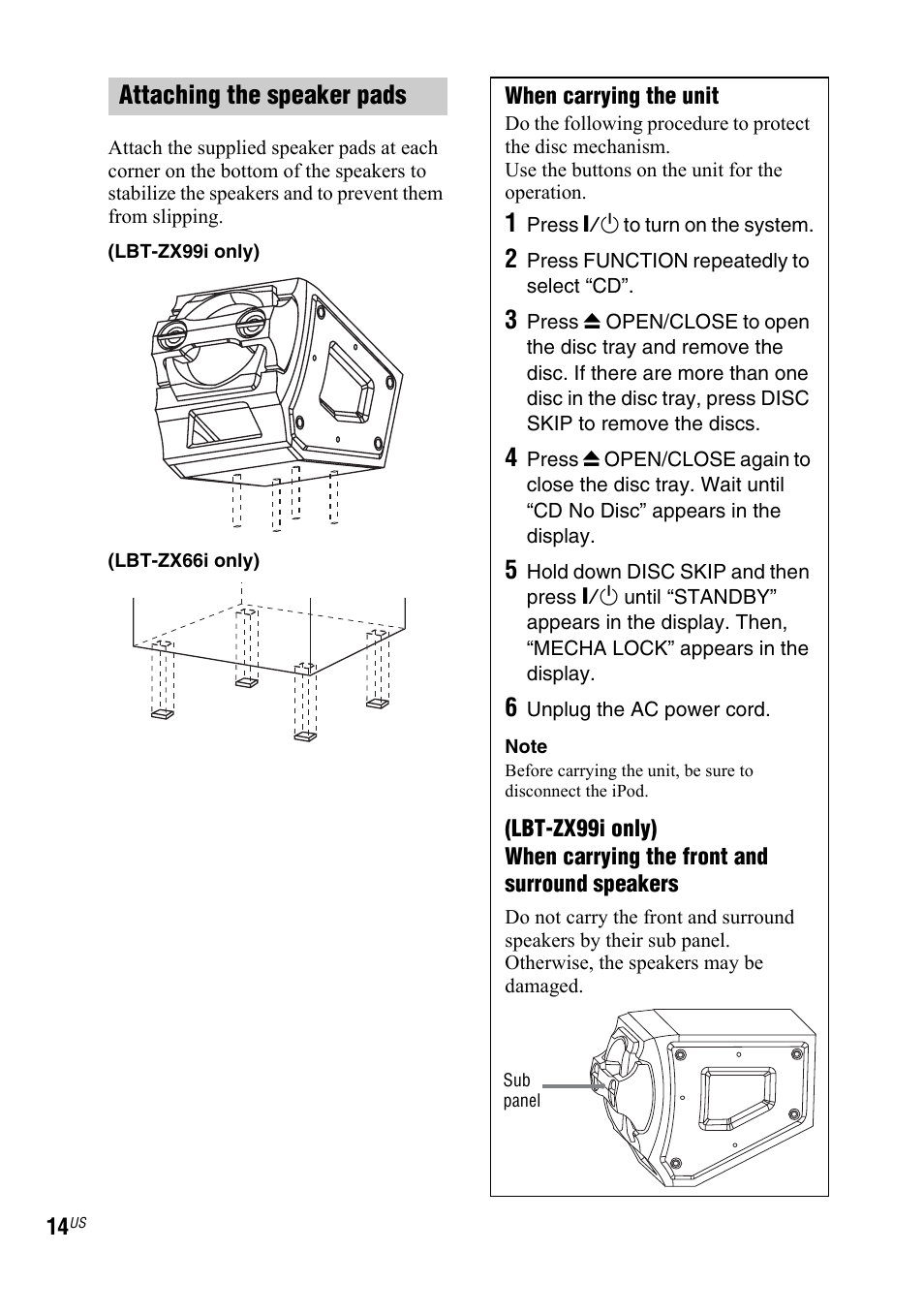 Attaching the speaker pads | Sony Muteki LBT-ZX99I User Manual | Page 14 / 44