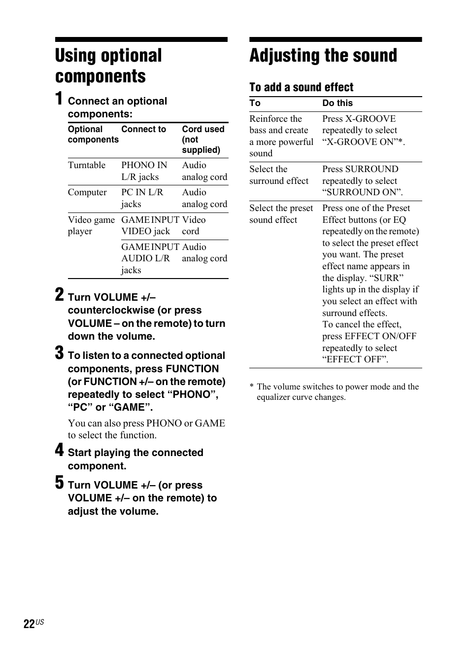 Using optional components, Adjusting the sound, Using optional components adjusting the sound | Using optional components 1 | Sony Muteki LBT-ZX99I User Manual | Page 22 / 44