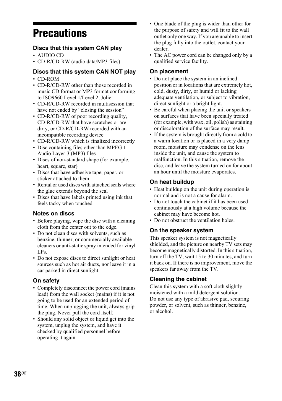 Precautions | Sony Muteki LBT-ZX99I User Manual | Page 38 / 44