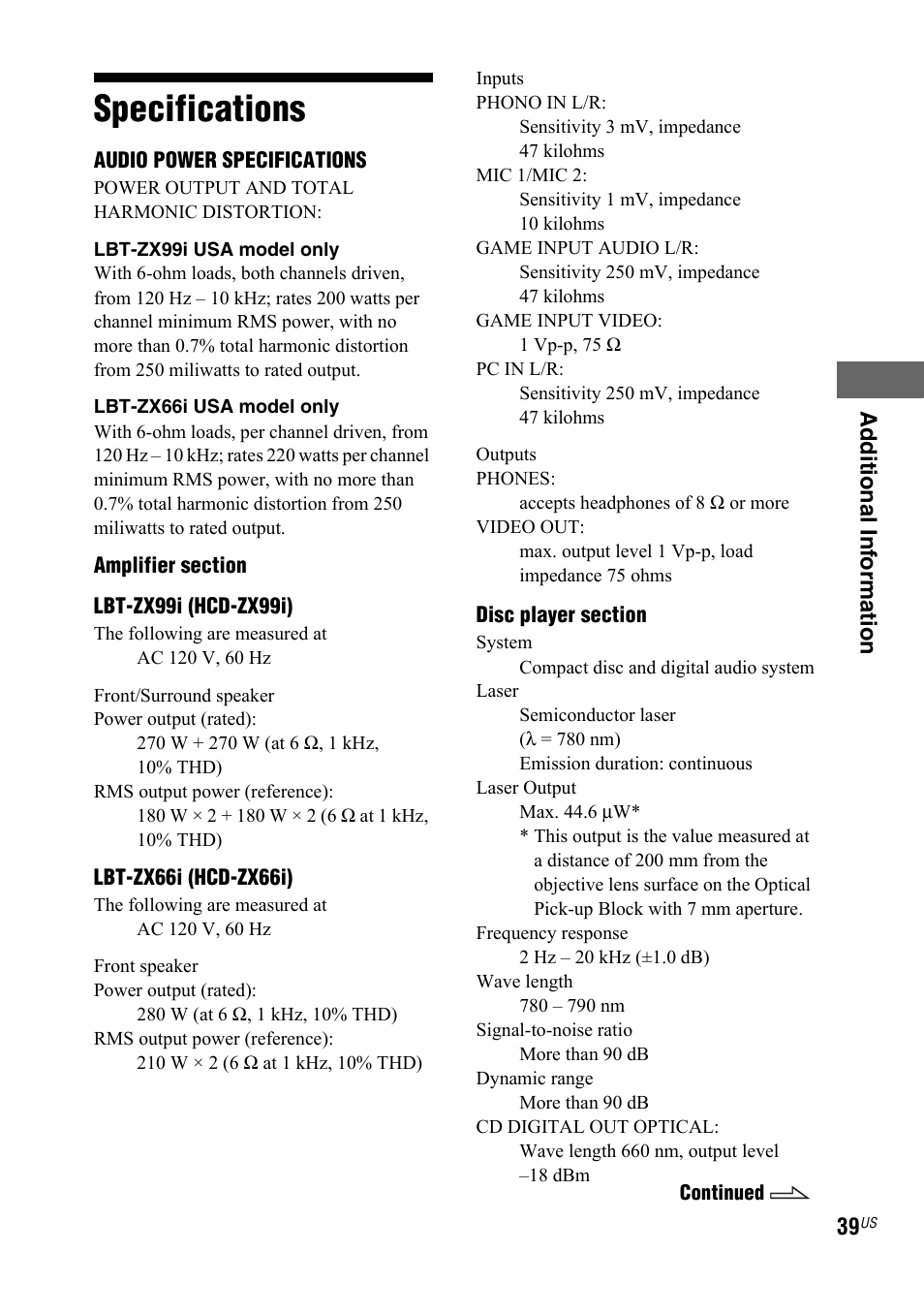 Specifications | Sony Muteki LBT-ZX99I User Manual | Page 39 / 44