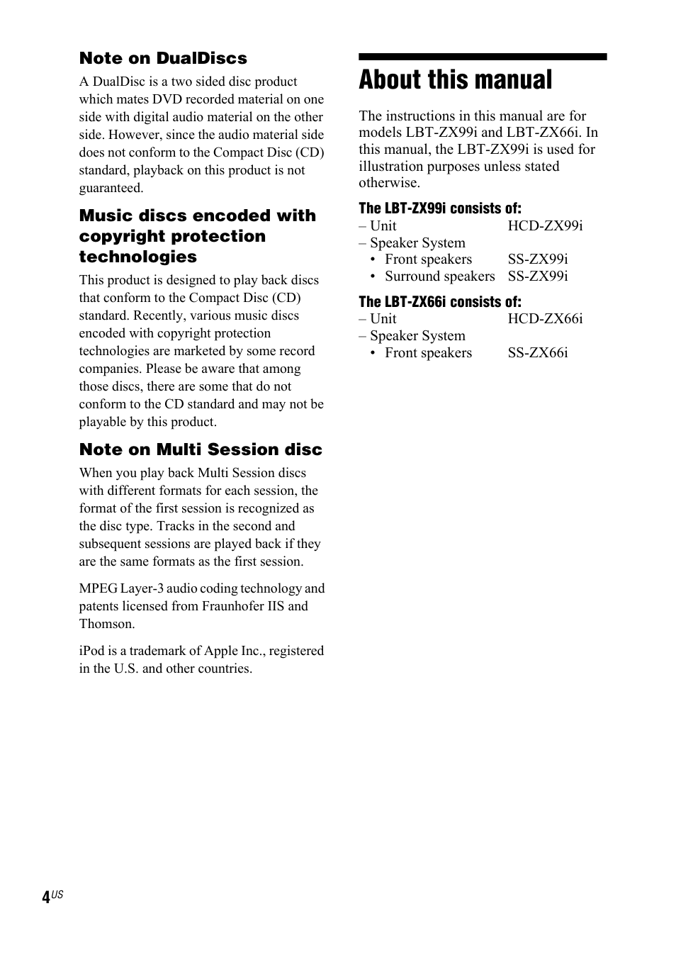 About this manual | Sony Muteki LBT-ZX99I User Manual | Page 4 / 44