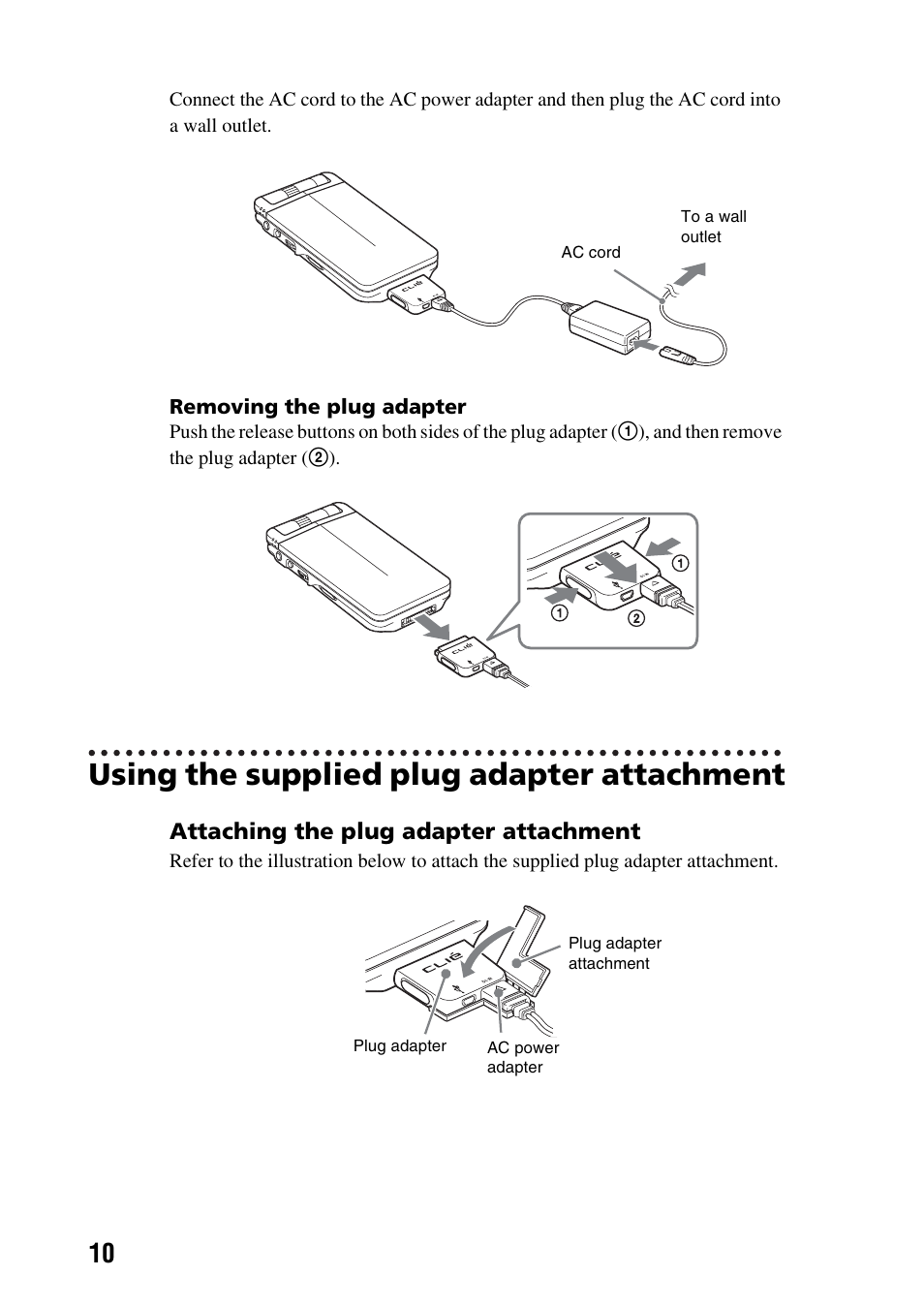 Using the supplied plug adapter attachment | Sony PEG-NX73V User Manual | Page 10 / 112