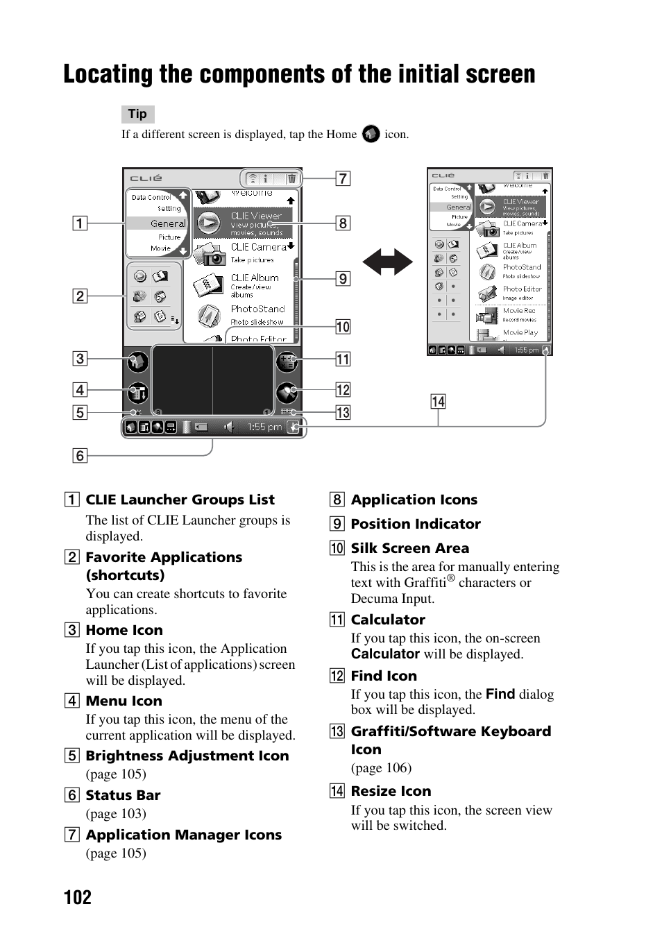 Locating the components of the initial screen, Locating the components of, The initial screen | Sony PEG-NX73V User Manual | Page 102 / 112