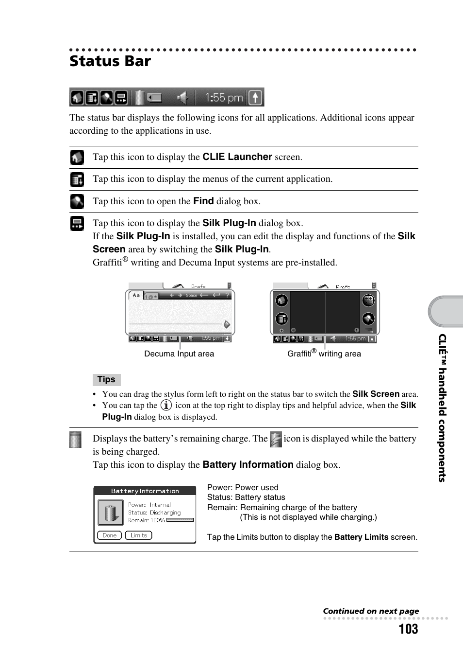 Status bar, E 103) | Sony PEG-NX73V User Manual | Page 103 / 112