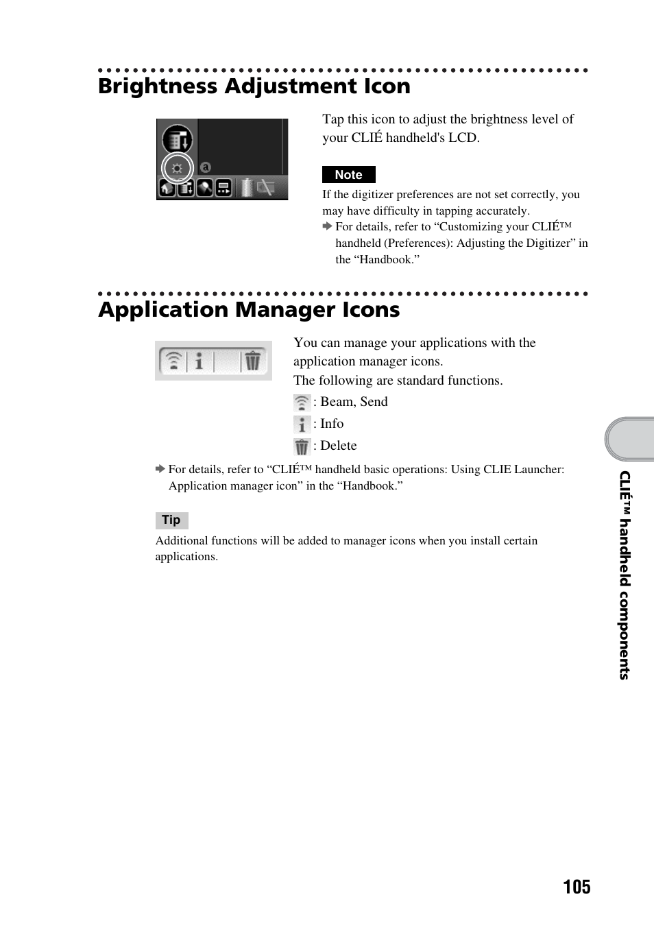 Brightness adjustment icon, Application manager icons, E 105) | Sony PEG-NX73V User Manual | Page 105 / 112