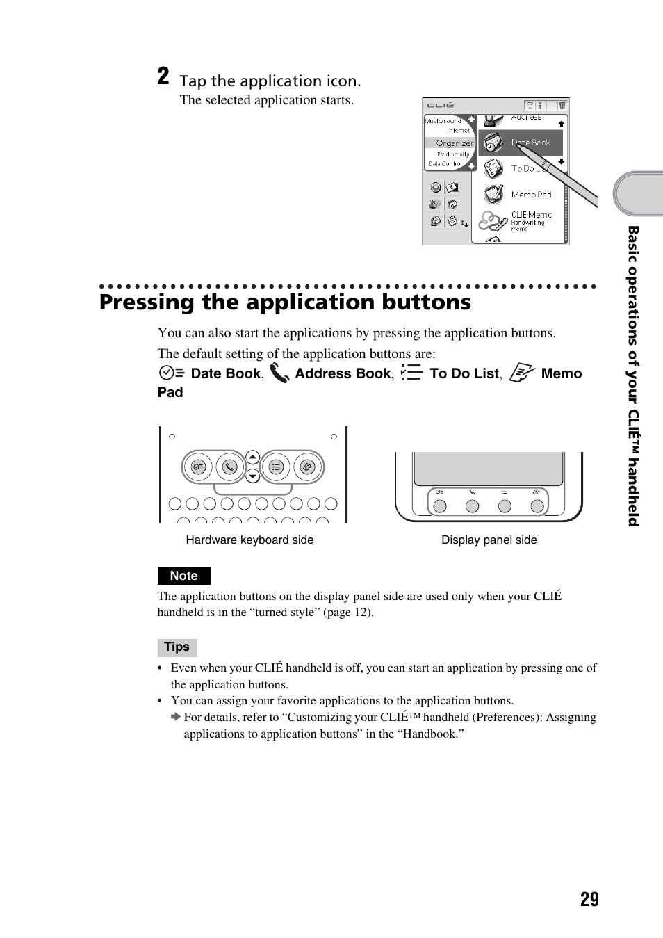 Pressing the application buttons | Sony PEG-NX73V User Manual | Page 29 / 112