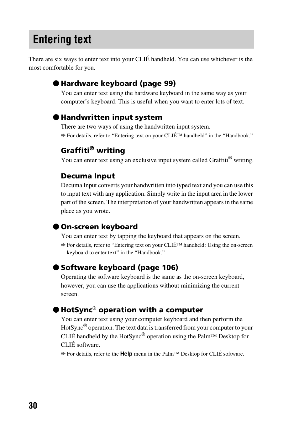 Entering text | Sony PEG-NX73V User Manual | Page 30 / 112