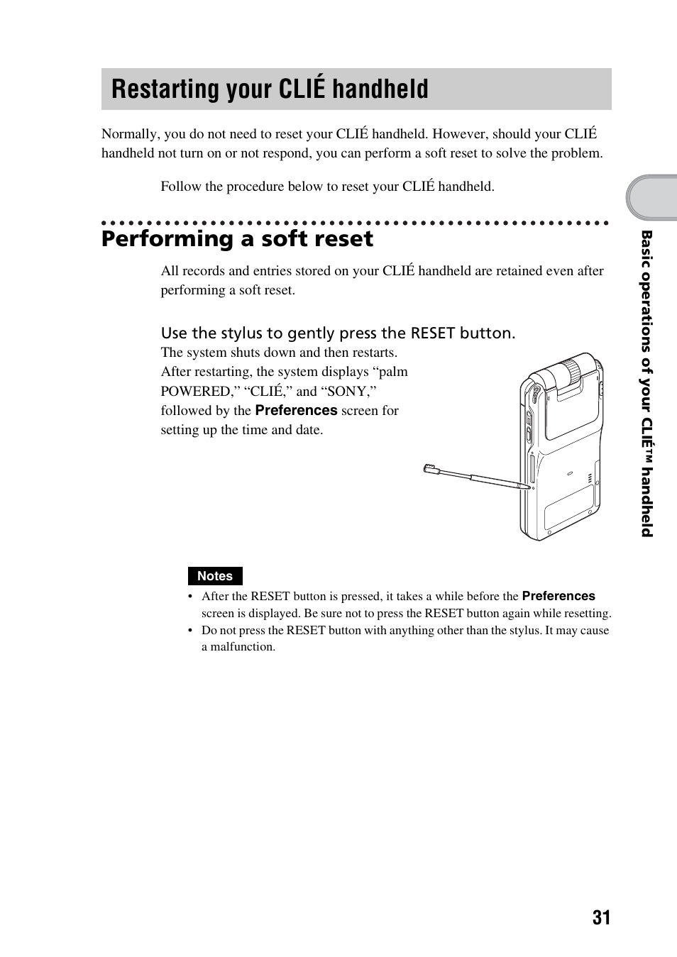 Restarting your clié handheld, Performing a soft reset | Sony PEG-NX73V User Manual | Page 31 / 112