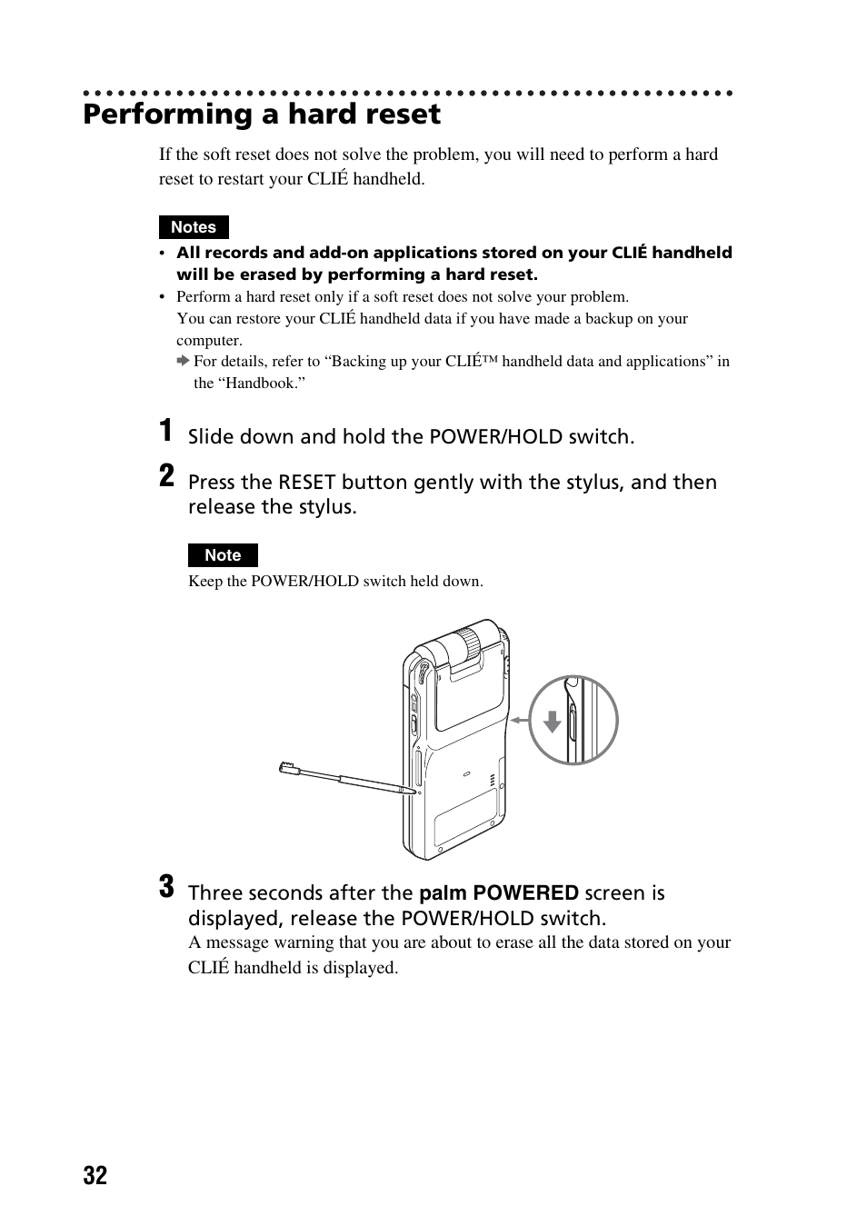 Performing a hard reset | Sony PEG-NX73V User Manual | Page 32 / 112