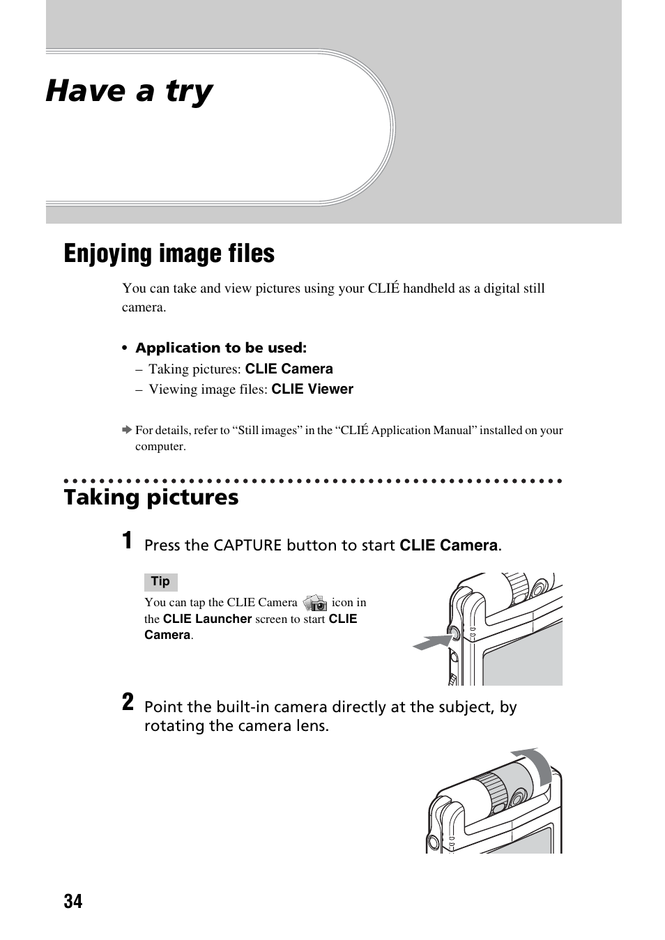 Have a try, Enjoying image files, Taking pictures | Sony PEG-NX73V User Manual | Page 34 / 112