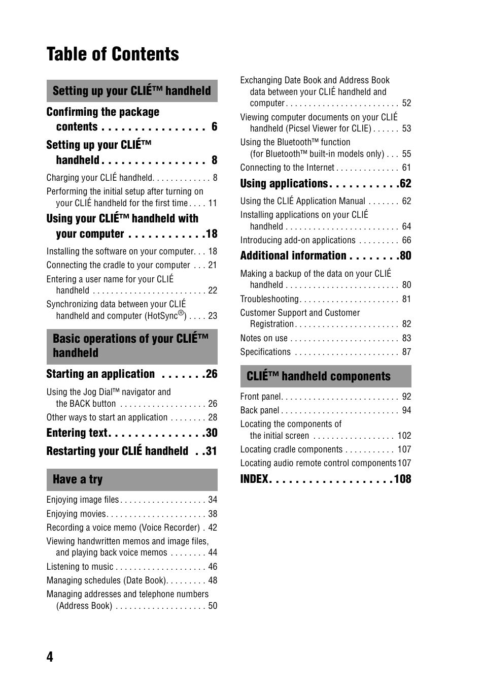 Sony PEG-NX73V User Manual | Page 4 / 112