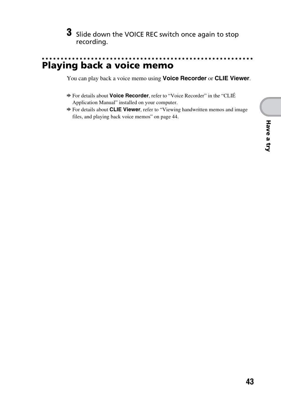 Playing back a voice memo | Sony PEG-NX73V User Manual | Page 43 / 112