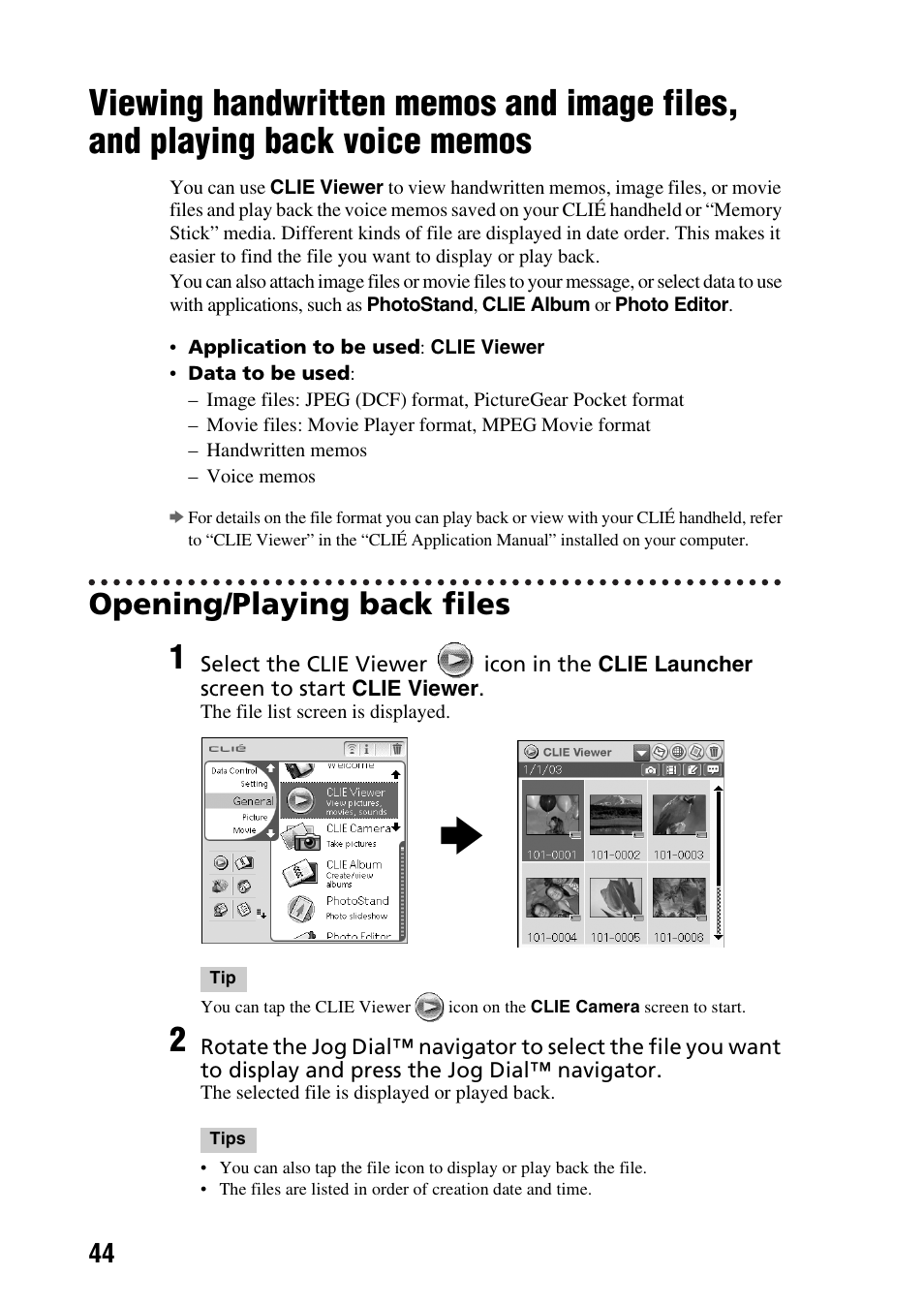 Opening/playing back files, Viewing handwritten memos and image files, And playing back voice memos | Sony PEG-NX73V User Manual | Page 44 / 112