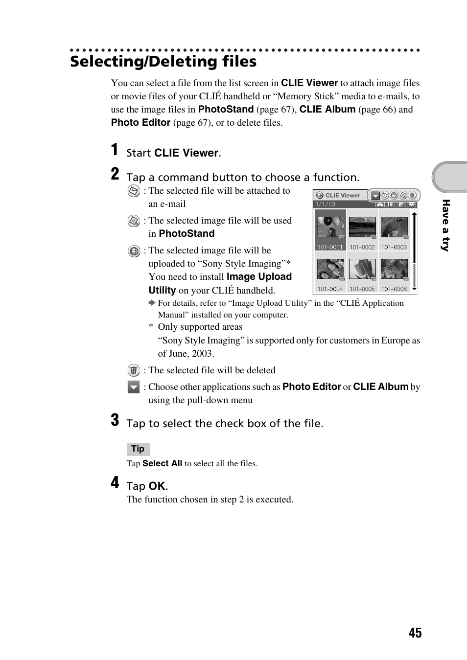 Selecting/deleting files | Sony PEG-NX73V User Manual | Page 45 / 112