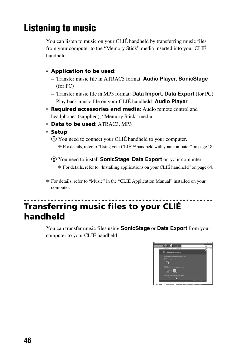 Listening to music, Transferring music files to your clié handheld | Sony PEG-NX73V User Manual | Page 46 / 112