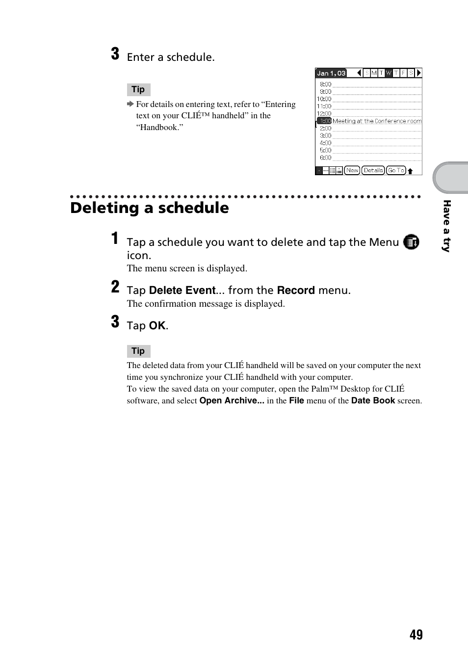 Deleting a schedule | Sony PEG-NX73V User Manual | Page 49 / 112