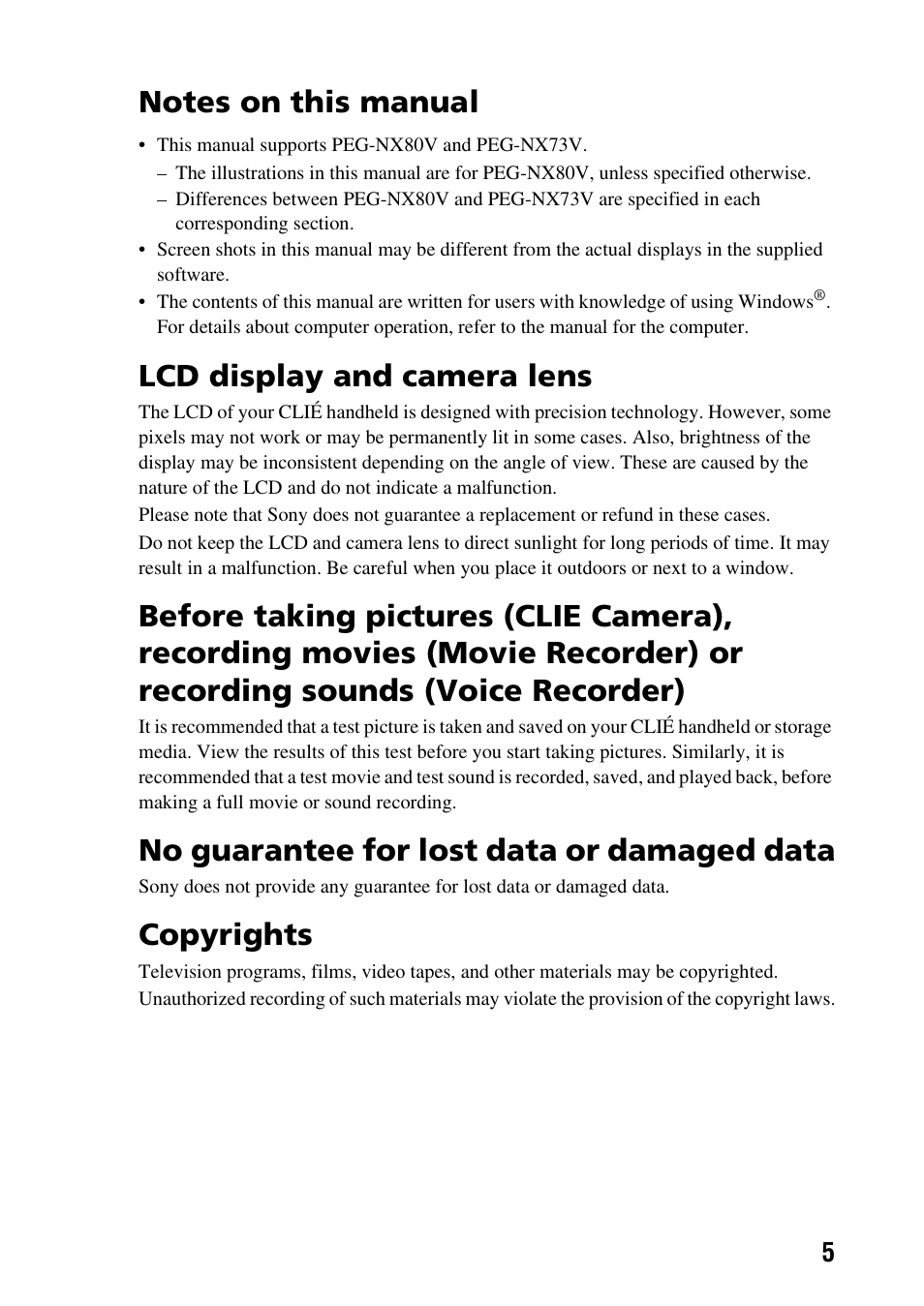 Notes on this manual, Lcd display and camera lens, No guarantee for lost data or damaged data | Copyrights | Sony PEG-NX73V User Manual | Page 5 / 112