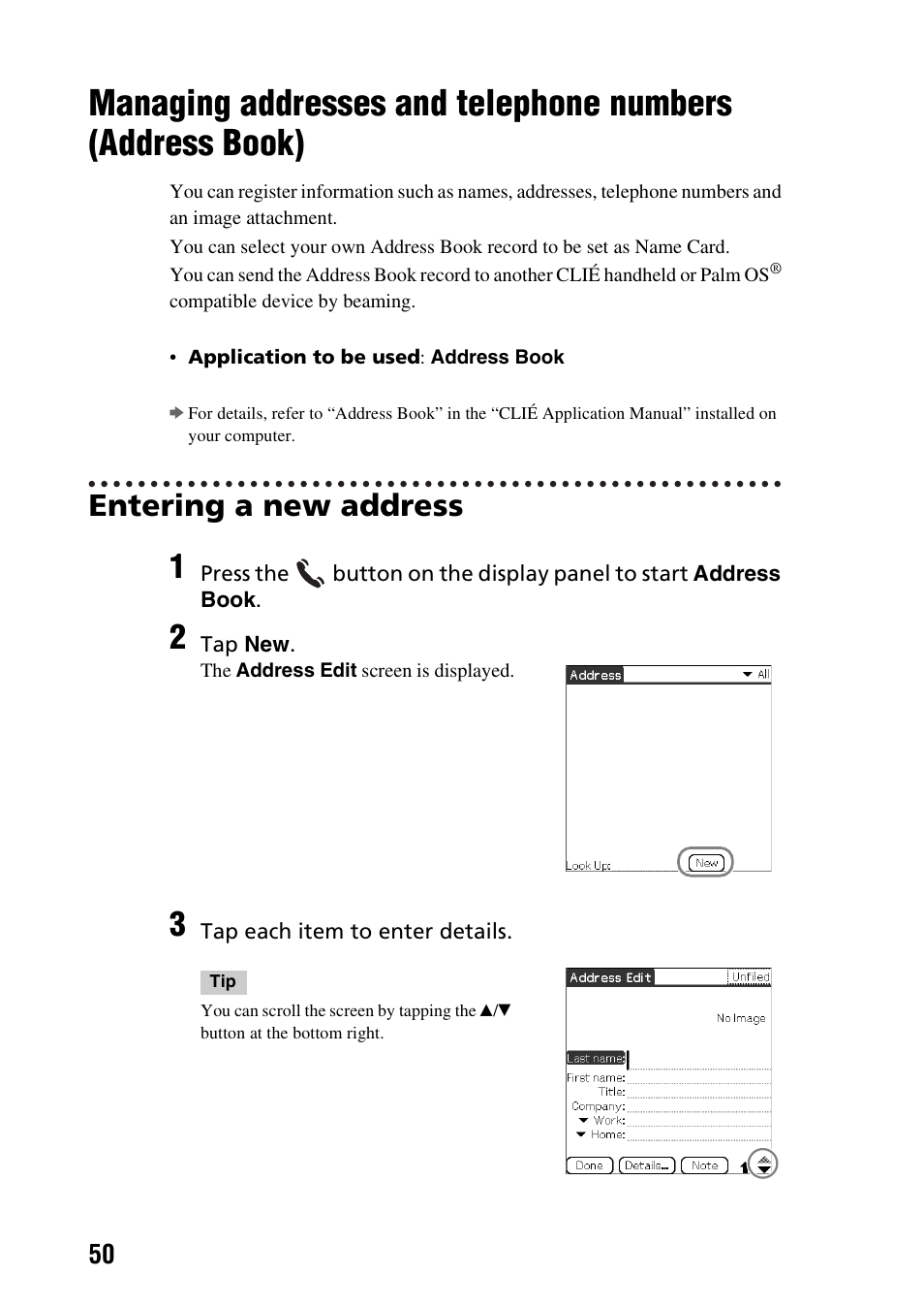 Entering a new address, Managing addresses and telephone numbers, Address book) | Sony PEG-NX73V User Manual | Page 50 / 112