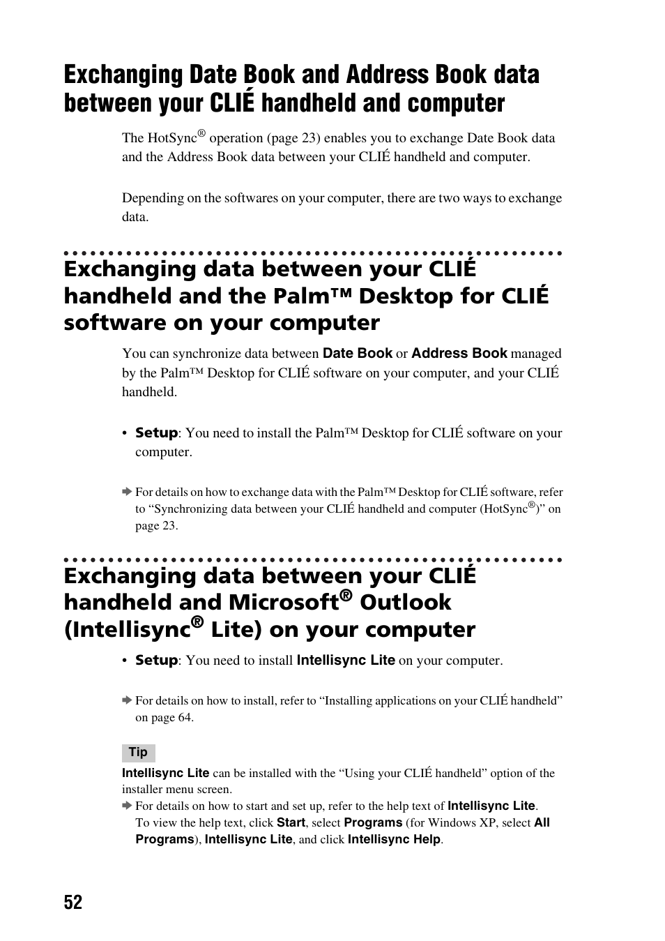 Exchanging date book and address book, Data between your clié handheld and computer, Outlook (intellisync | Lite) on your computer | Sony PEG-NX73V User Manual | Page 52 / 112