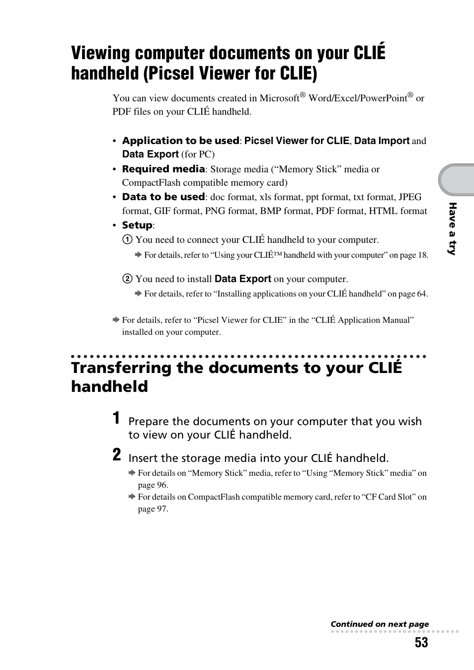 Transferring the documents to your clié handheld, Viewing computer documents on your clié, Handheld (picsel viewer for clie) | Sony PEG-NX73V User Manual | Page 53 / 112