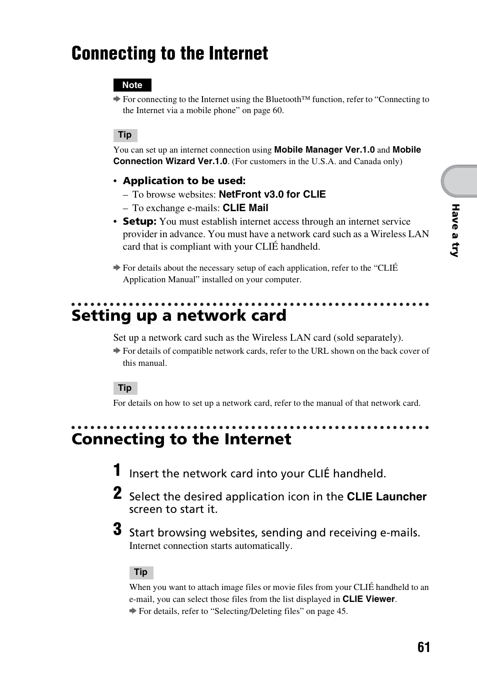 Connecting to the internet, Setting up a network card | Sony PEG-NX73V User Manual | Page 61 / 112