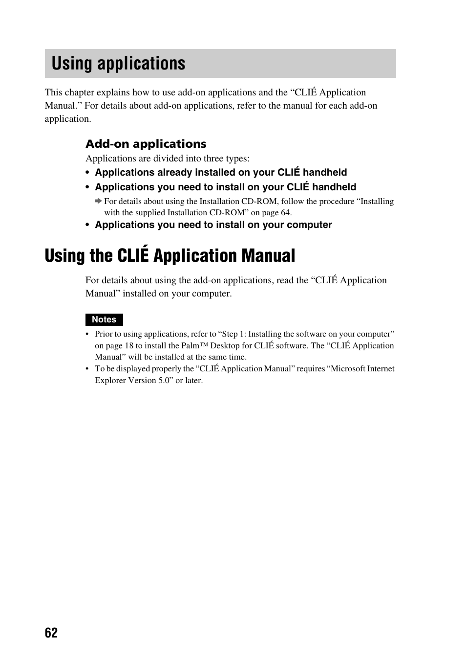 Using applications, Using the clié application manual | Sony PEG-NX73V User Manual | Page 62 / 112