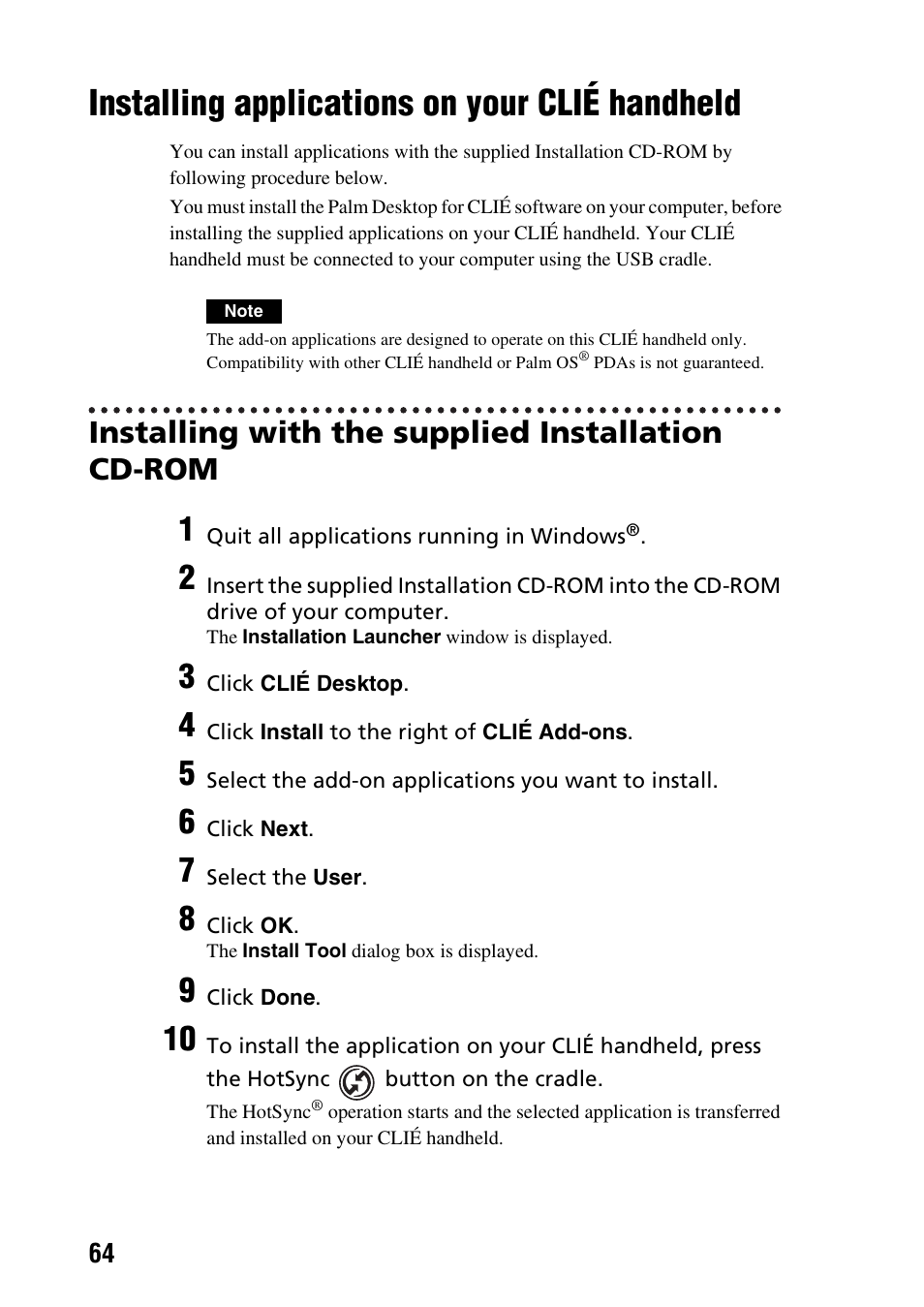 Installing applications on your clié handheld, Installing with the supplied installation cdrom, Installing applications on your clié | Handheld, Installing with the supplied installation cd-rom | Sony PEG-NX73V User Manual | Page 64 / 112