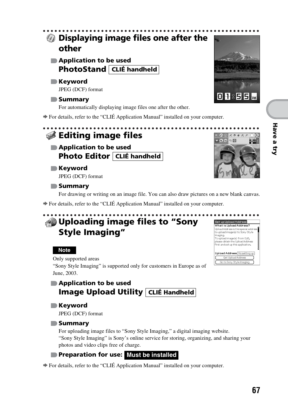 Displaying image files one after the other, Editing image files, Uploading image files to “sony style imaging | Photostand, Photo editor, Image upload utility | Sony PEG-NX73V User Manual | Page 67 / 112