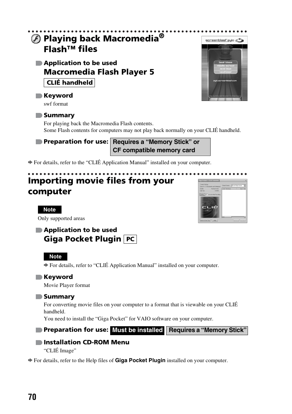 Playing back macromedia® flash™ files, Importing movie files from your computer, Playing back macromedia | Flash™ files, Macromedia flash player 5, Giga pocket plugin | Sony PEG-NX73V User Manual | Page 70 / 112