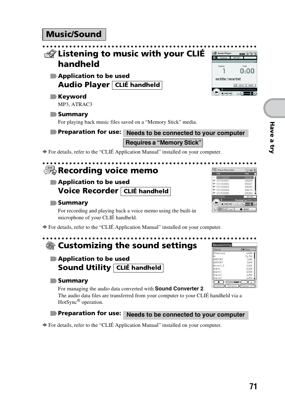 Listening to music with your clié handheld, Recording voice memo, Customizing the sound settings | Music/sound, Audio player, Voice recorder, Sound utility | Sony PEG-NX73V User Manual | Page 71 / 112